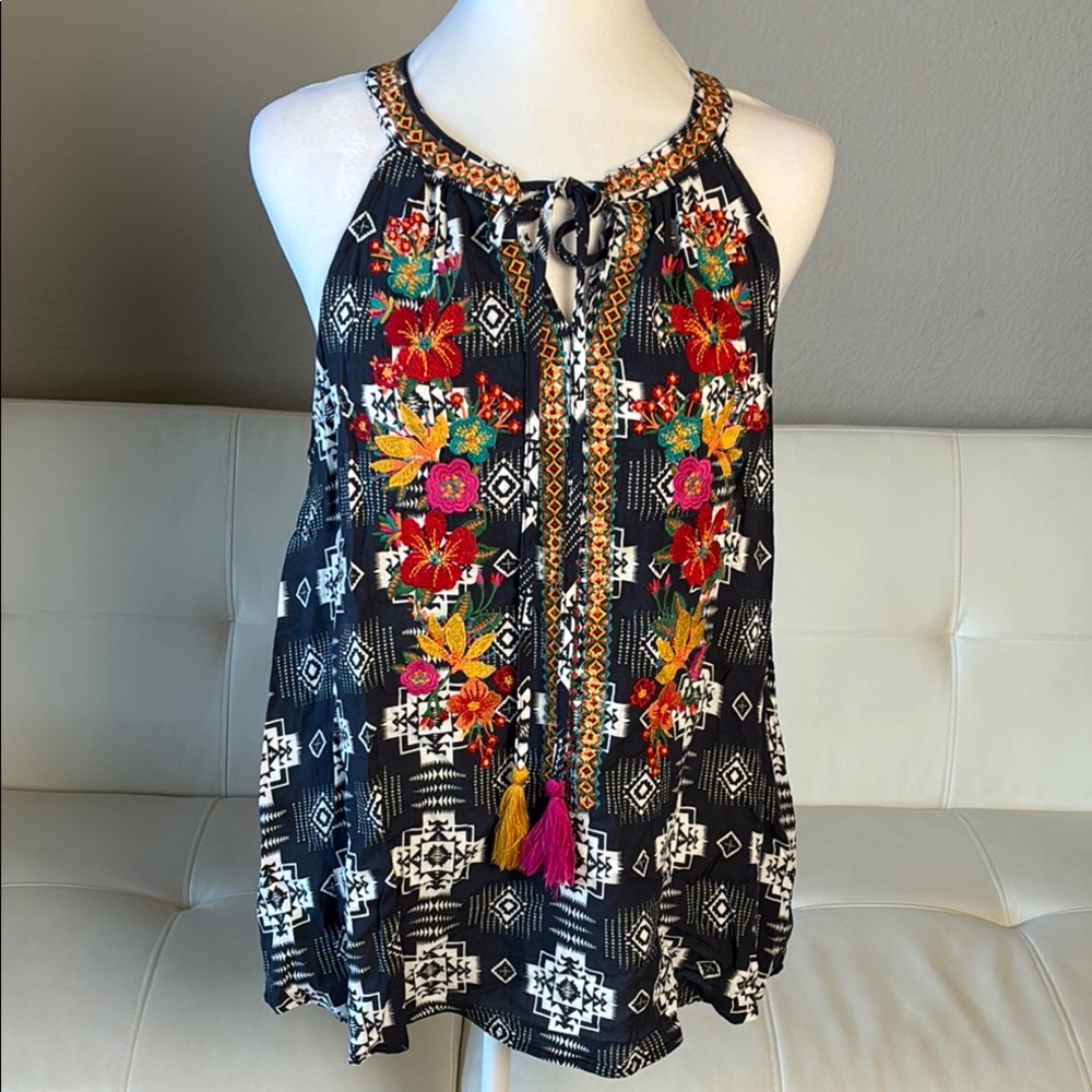 Savanna Jane Floral Embroidered Sleeveless Blouse with String & Tassel - Rayon